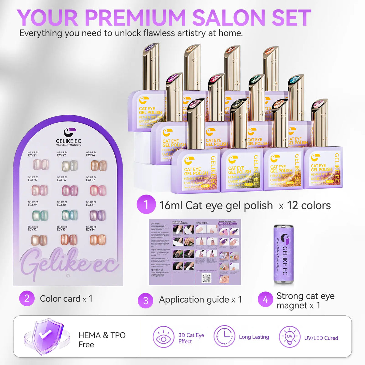 Gelikeec Cat Eye Gel Polish Nail Set with Magnet Stick Aurora Salon Quality Daily Use Women 16Ml Large Volume Series