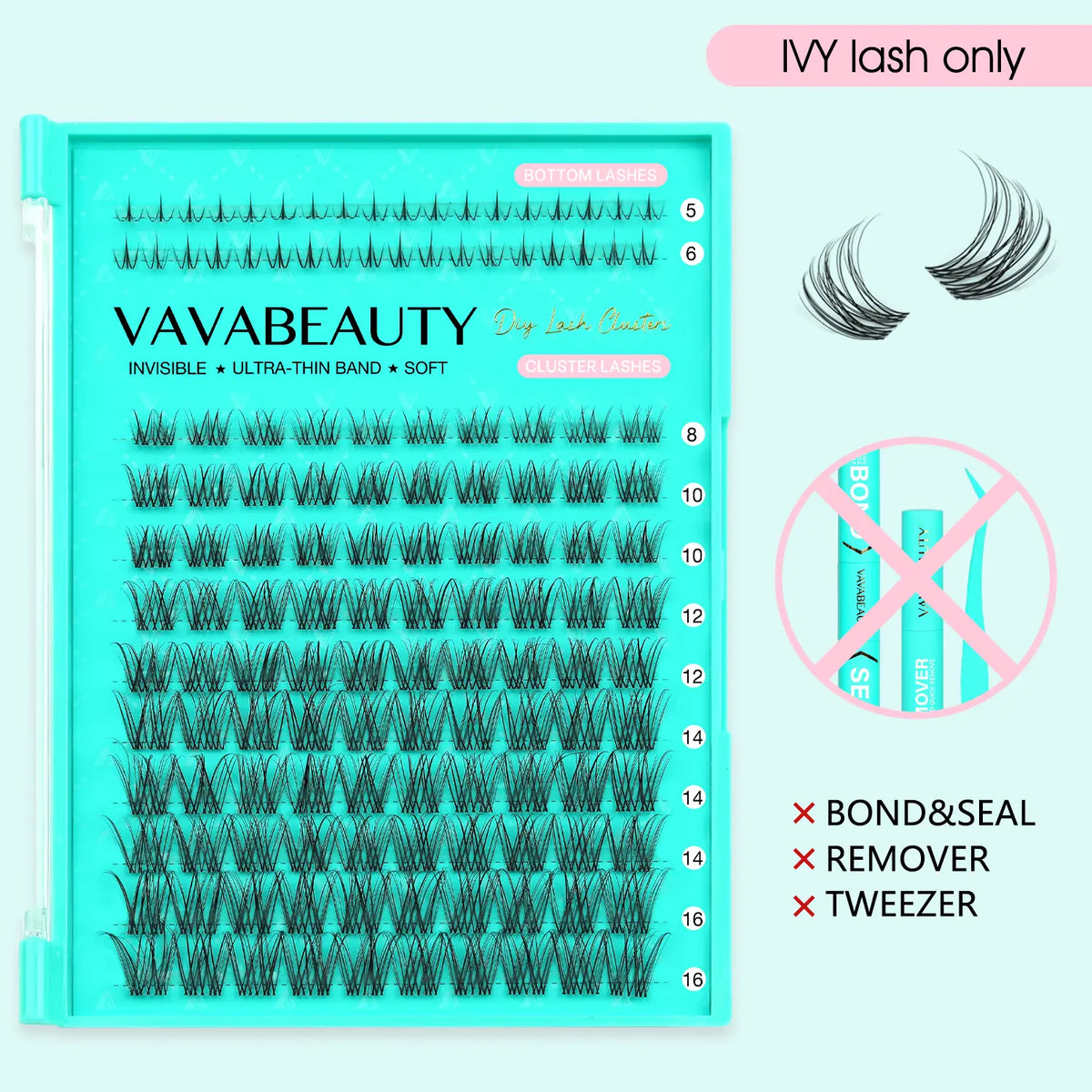 VAVABEAUTY IVY Lash Cluster Kit Invisible Soft Band Long Lasting Waterproof Bond Seal Remover Natural Eyelashes for Salon Quality at Home Must-Have Cluster Pure Clean Look