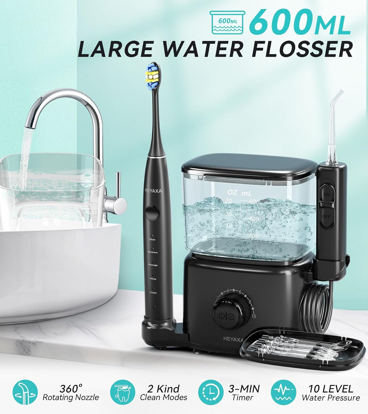 Professional Water Flosser & Electric Toothbrush Combo, 600ML Home Use Oral Irrigator for 10 Adjustable Water Pressure, 2 Cleaning Modes, 1+1 Brushing & Flossing for Complete Oral Care