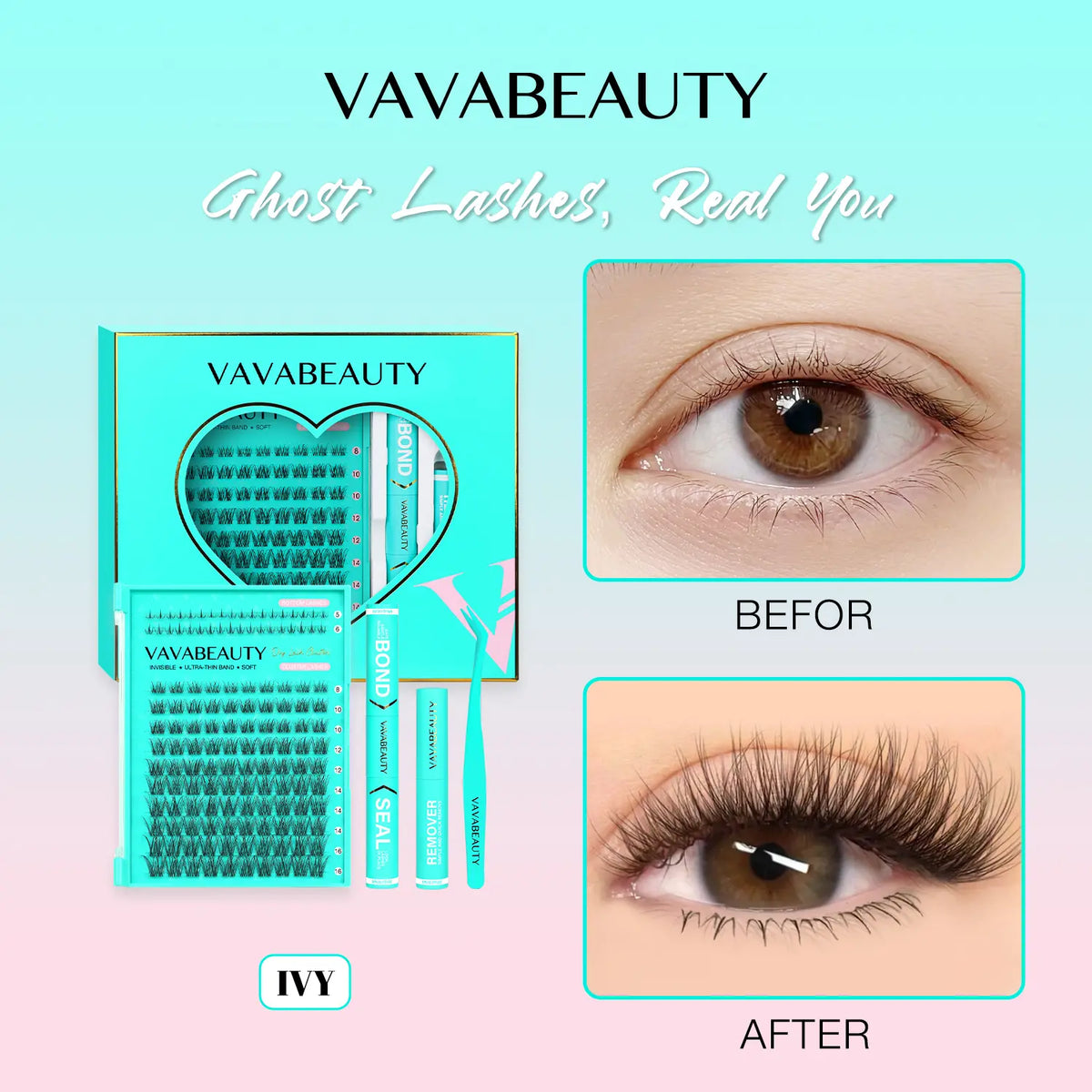 VAVABEAUTY IVY Lash Cluster Kit Invisible Soft Band Long Lasting Waterproof Bond Seal Remover Natural Eyelashes for Salon Quality at Home Must-Have Cluster Pure Clean Look