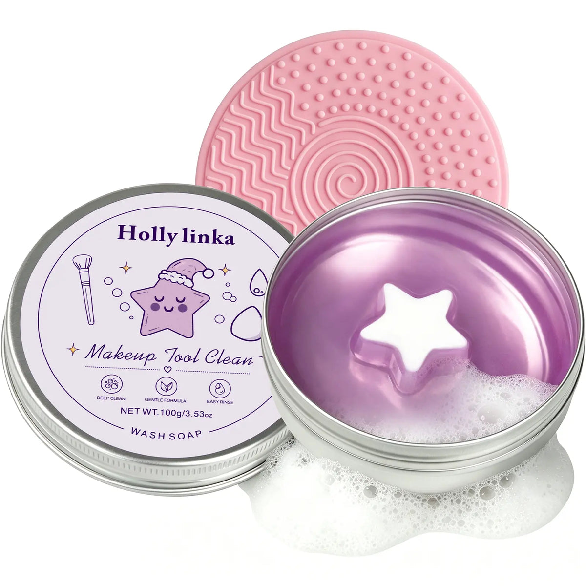HOLLYLINKA Creative Shaped Peach Eyeshadow Compact Makeup Brush Cleaning Soap with Silicone Pad, Heart-Moon-Star Scented Solid Cleaner for Deep Cleaning, Gentle Care of Sponges, Beauty Blenders, Powder Puffs (100G/3.53Oz)