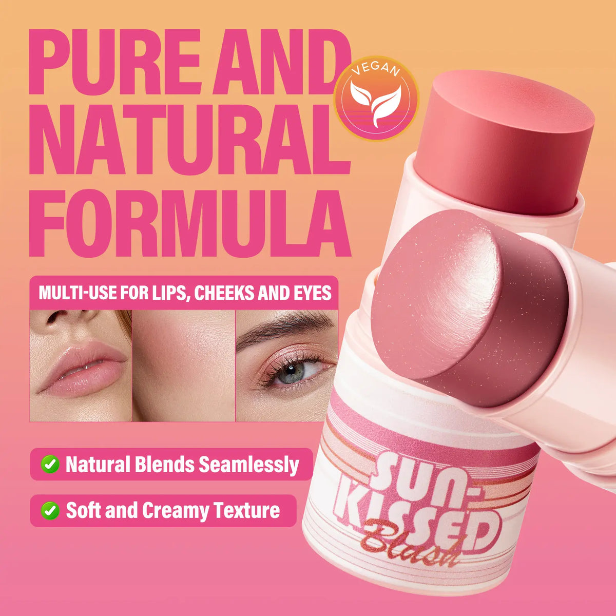 CARSLAN Sun Kissed Blush, Smooth Cream Blush Stick for Cheek, Lip, Longlasting Blendable Building Vegan Moisturizer Makeup for All Skin
