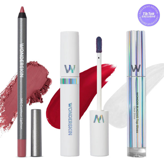 Wonderskin Ultimate Lips Set – Longwear Lip Stain, 360 Contour Lip Liner & Clear Gloss Trio for Waterproof, Transfer-Proof, Hydrating, and Glossy Finish – Vegan & Cruelty-Free All-In-One Lip Kit