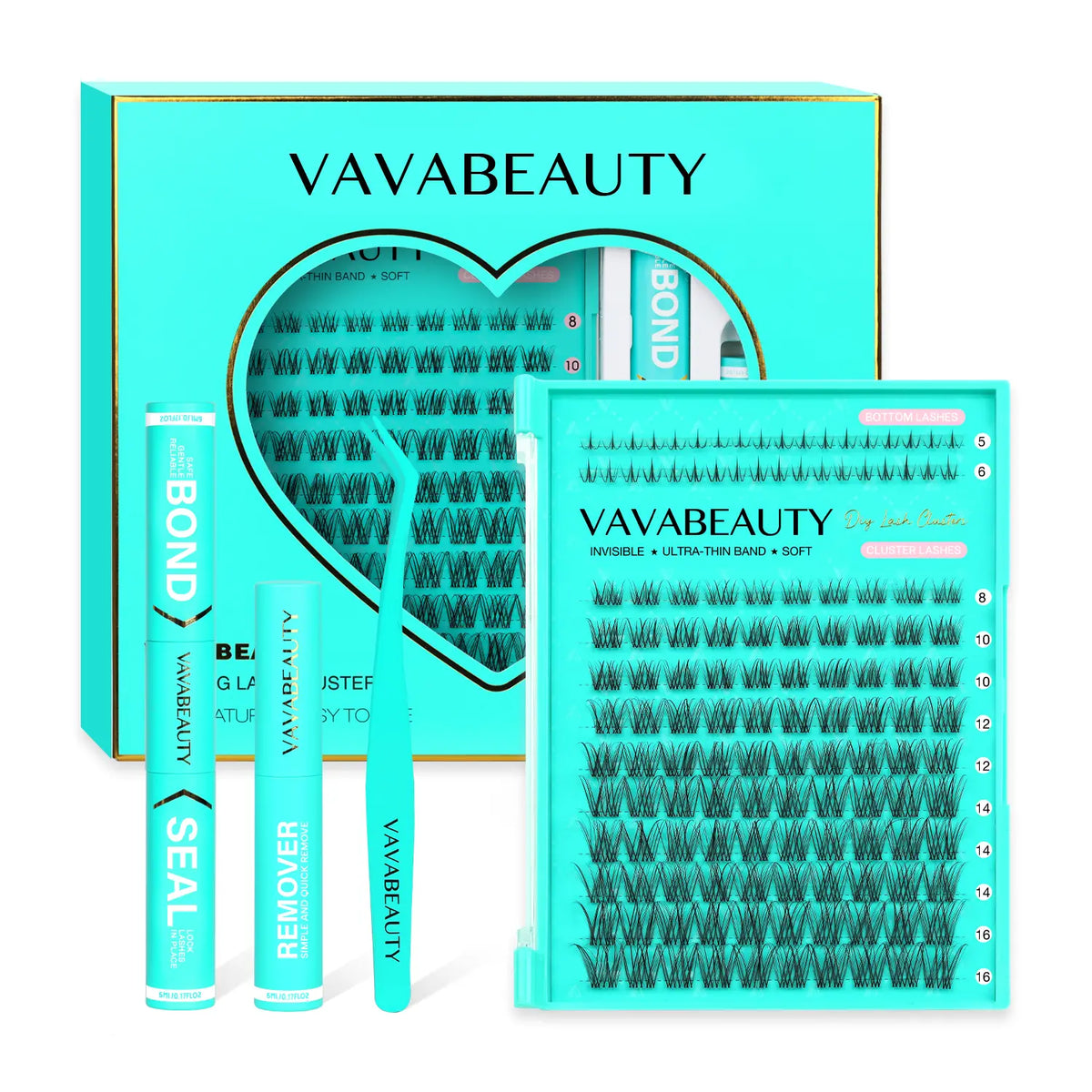 VAVABEAUTY IVY Lash Cluster Kit Invisible Soft Band Long Lasting Waterproof Bond Seal Remover Natural Eyelashes for Salon Quality at Home Must-Have Cluster Pure Clean Look