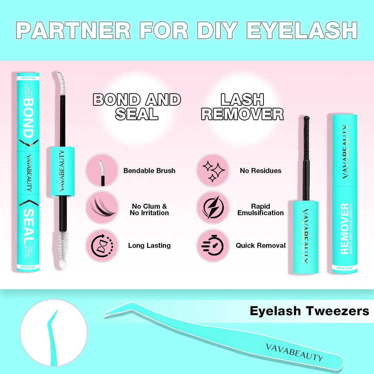 VAVABEAUTY IVY Lash Cluster Kit Invisible Soft Band Long Lasting Waterproof Bond Seal Remover Natural Eyelashes for Salon Quality at Home Must-Have Cluster Pure Clean Look