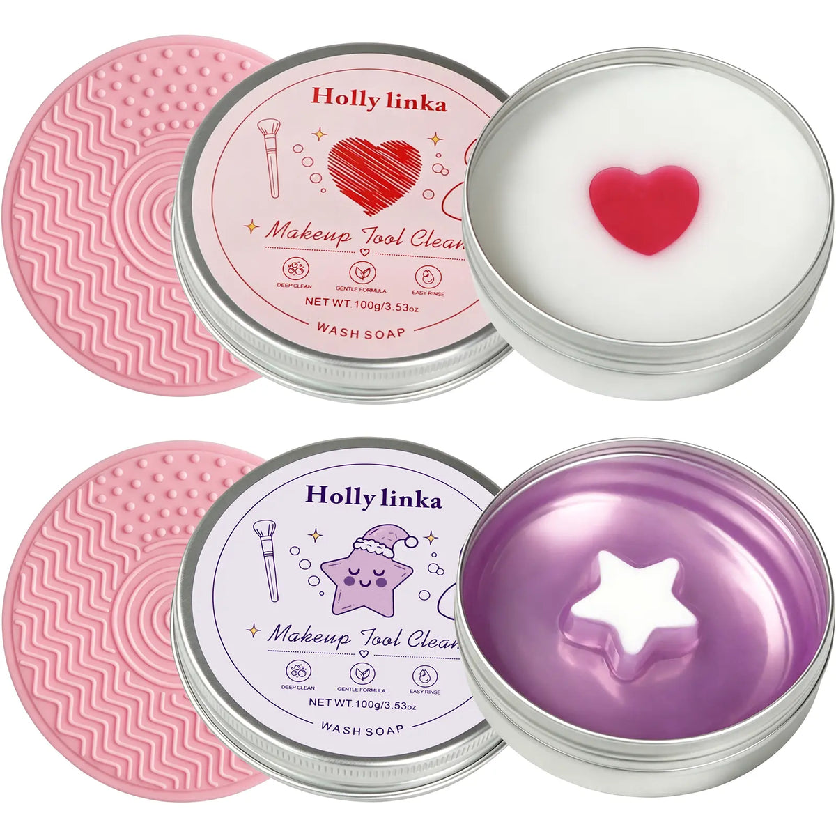 HOLLYLINKA Creative Shaped Peach Eyeshadow Compact Makeup Brush Cleaning Soap with Silicone Pad, Heart-Moon-Star Scented Solid Cleaner for Deep Cleaning, Gentle Care of Sponges, Beauty Blenders, Powder Puffs (100G/3.53Oz)