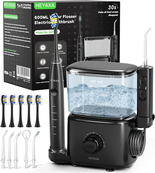 Professional Water Flosser & Electric Toothbrush Combo, 600ML Home Use Oral Irrigator for 10 Adjustable Water Pressure, 2 Cleaning Modes, 1+1 Brushing & Flossing for Complete Oral Care