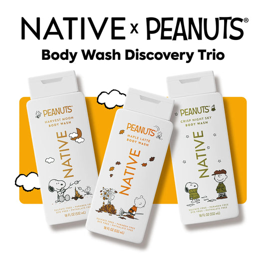 NATIVE X Peanuts Limited Edition Body Wash Discovery Trio – 3-Pack, 18 Oz, Rich Lather, Gentle Cleanse, 24HR Freshness