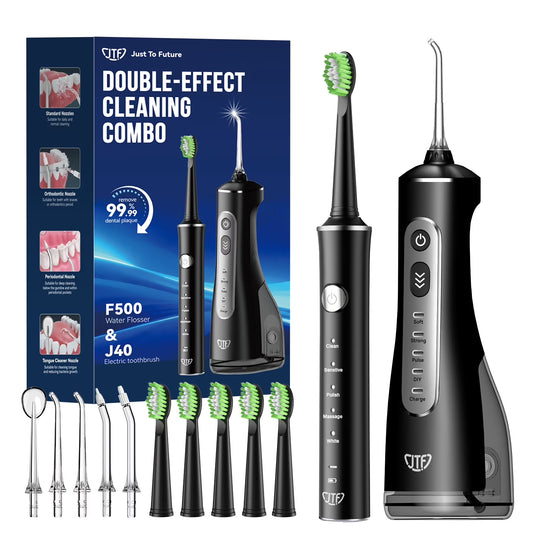 2-In-1 Oral Clean Kit- Electric Toothbrush & Water Flosser Combo with Multiple Modes, 5 Brush Heads and 5 Jet Tips, Brushing & Flossing- Rechargeable for Teeth Cleaning and Gum Health, Black
