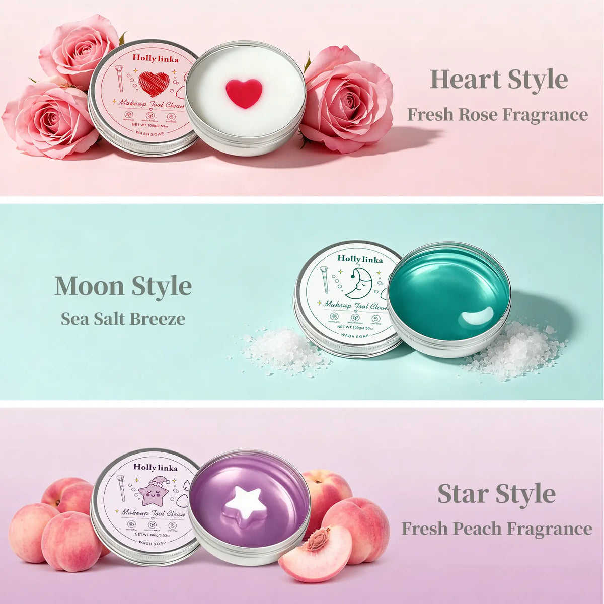 HOLLYLINKA Creative Shaped Peach Eyeshadow Compact Makeup Brush Cleaning Soap with Silicone Pad, Heart-Moon-Star Scented Solid Cleaner for Deep Cleaning, Gentle Care of Sponges, Beauty Blenders, Powder Puffs (100G/3.53Oz)