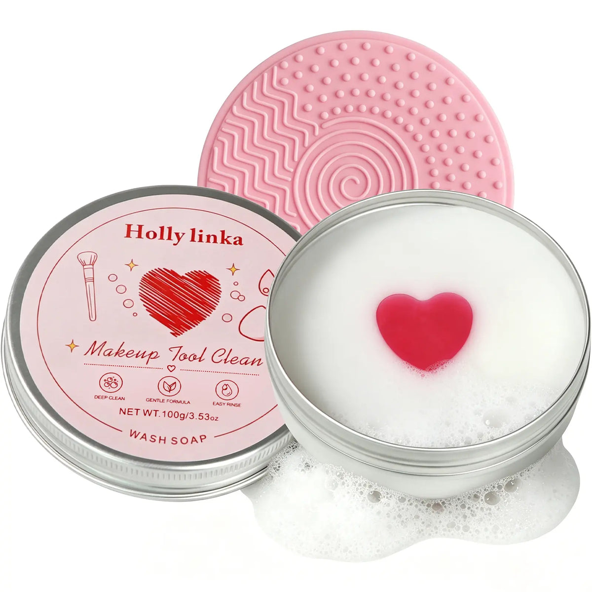 HOLLYLINKA Creative Shaped Peach Eyeshadow Compact Makeup Brush Cleaning Soap with Silicone Pad, Heart-Moon-Star Scented Solid Cleaner for Deep Cleaning, Gentle Care of Sponges, Beauty Blenders, Powder Puffs (100G/3.53Oz)