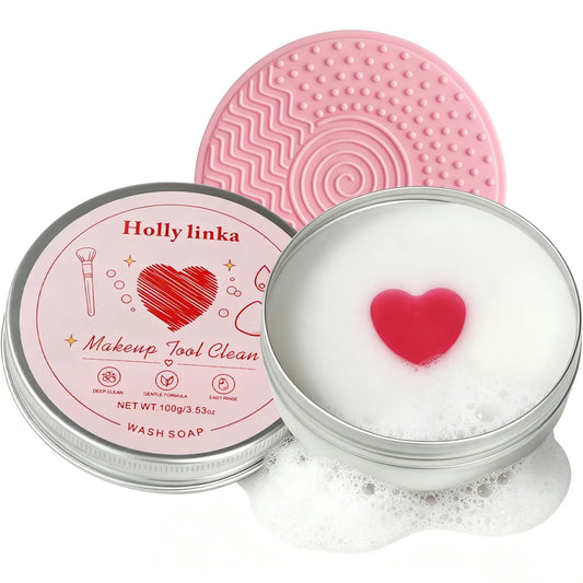 HOLLYLINKA Creative Shaped Peach Eyeshadow Compact Makeup Brush Cleaning Soap with Silicone Pad, Heart-Moon-Star Scented Solid Cleaner for Deep Cleaning, Gentle Care of Sponges, Beauty Blenders, Powder Puffs (100G/3.53Oz)