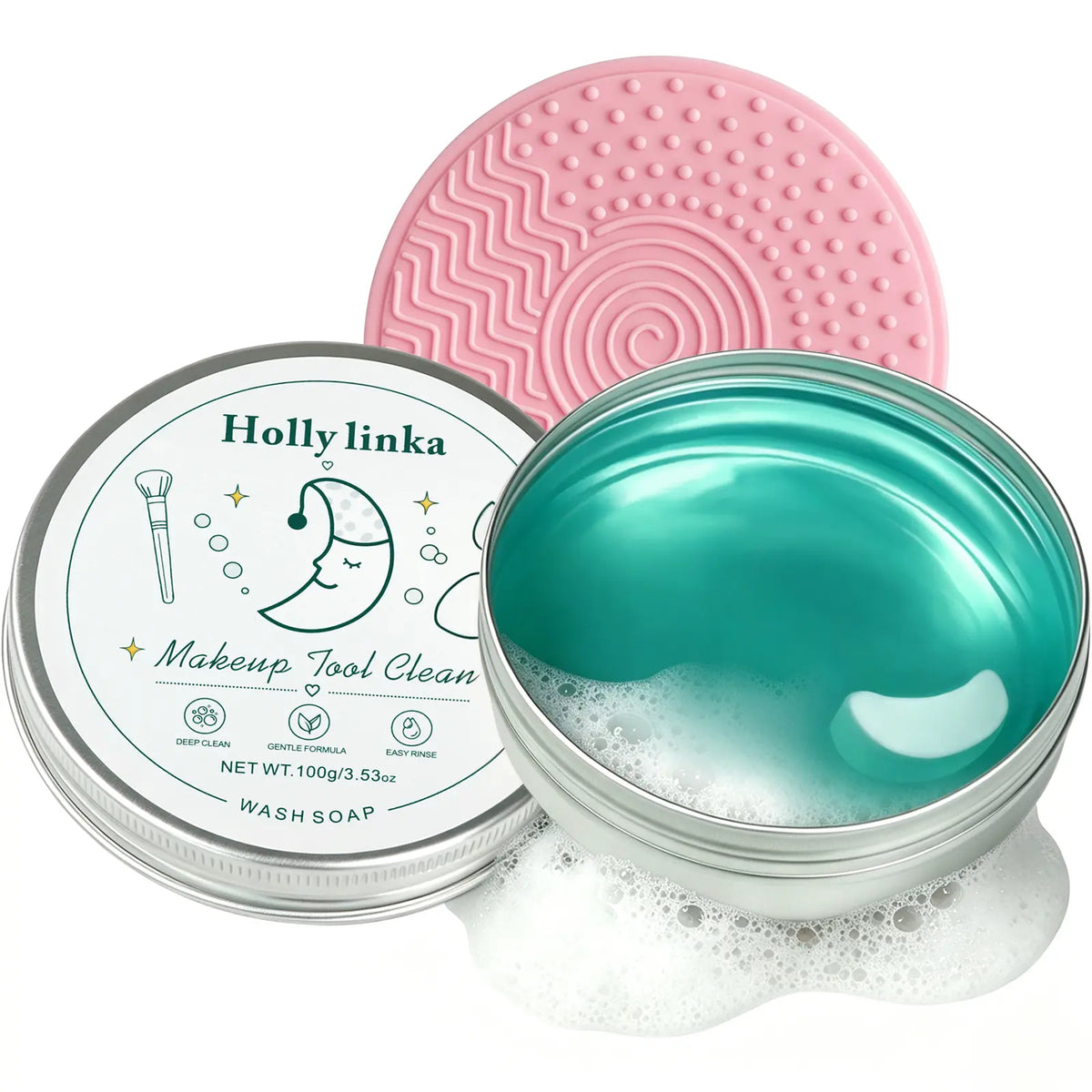 HOLLYLINKA Creative Shaped Peach Eyeshadow Compact Makeup Brush Cleaning Soap with Silicone Pad, Heart-Moon-Star Scented Solid Cleaner for Deep Cleaning, Gentle Care of Sponges, Beauty Blenders, Powder Puffs (100G/3.53Oz)