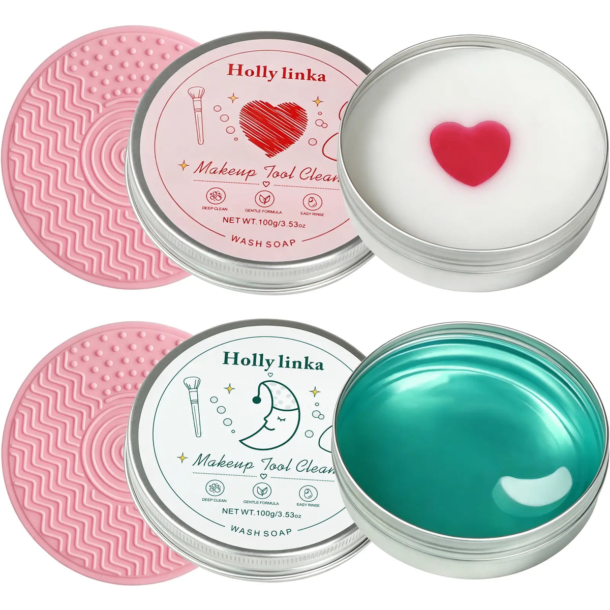 HOLLYLINKA Creative Shaped Peach Eyeshadow Compact Makeup Brush Cleaning Soap with Silicone Pad, Heart-Moon-Star Scented Solid Cleaner for Deep Cleaning, Gentle Care of Sponges, Beauty Blenders, Powder Puffs (100G/3.53Oz)