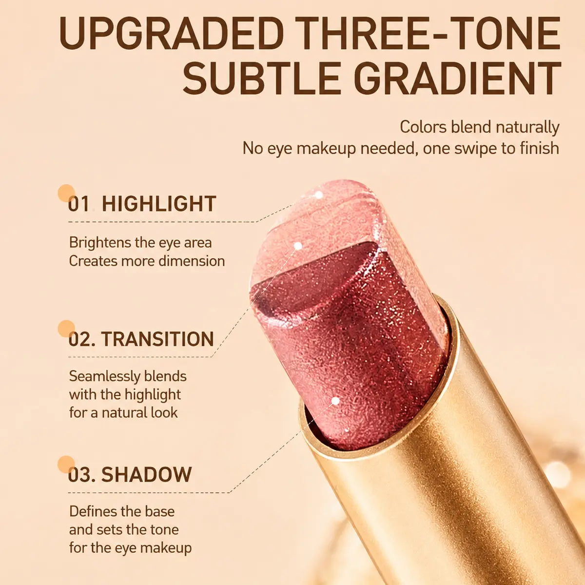 Buy 1 Get 3 Free!3-Color Eyeshadow Stick Gradient, Waterproof Long Lasting Creamy Shimmer Eye Shadow, Portable Smudge-Proof Glitter Makeup for Women, Day to Night (Fine Shimmer Brownish Orange)