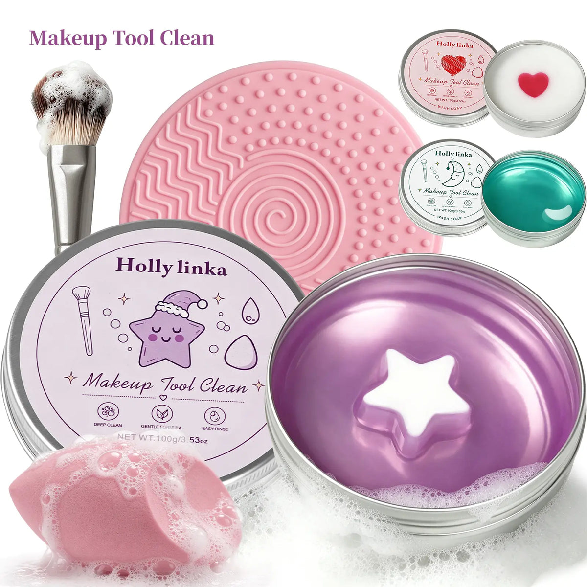 HOLLYLINKA Creative Shaped Peach Eyeshadow Compact Makeup Brush Cleaning Soap with Silicone Pad, Heart-Moon-Star Scented Solid Cleaner for Deep Cleaning, Gentle Care of Sponges, Beauty Blenders, Powder Puffs (100G/3.53Oz)