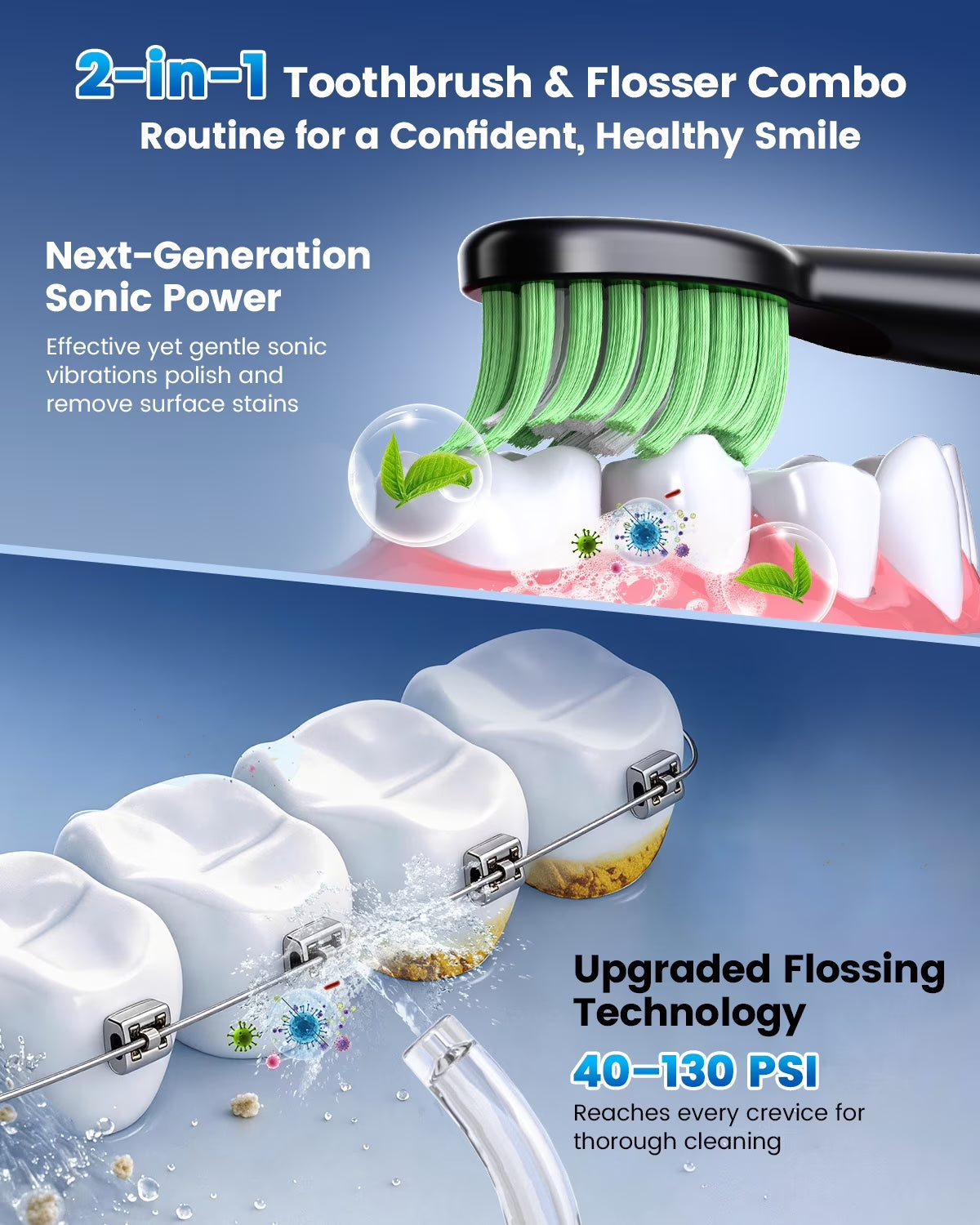 2-In-1 Oral Clean Kit- Electric Toothbrush & Water Flosser Combo with Multiple Modes, 5 Brush Heads and 5 Jet Tips, Brushing & Flossing- Rechargeable for Teeth Cleaning and Gum Health, Black