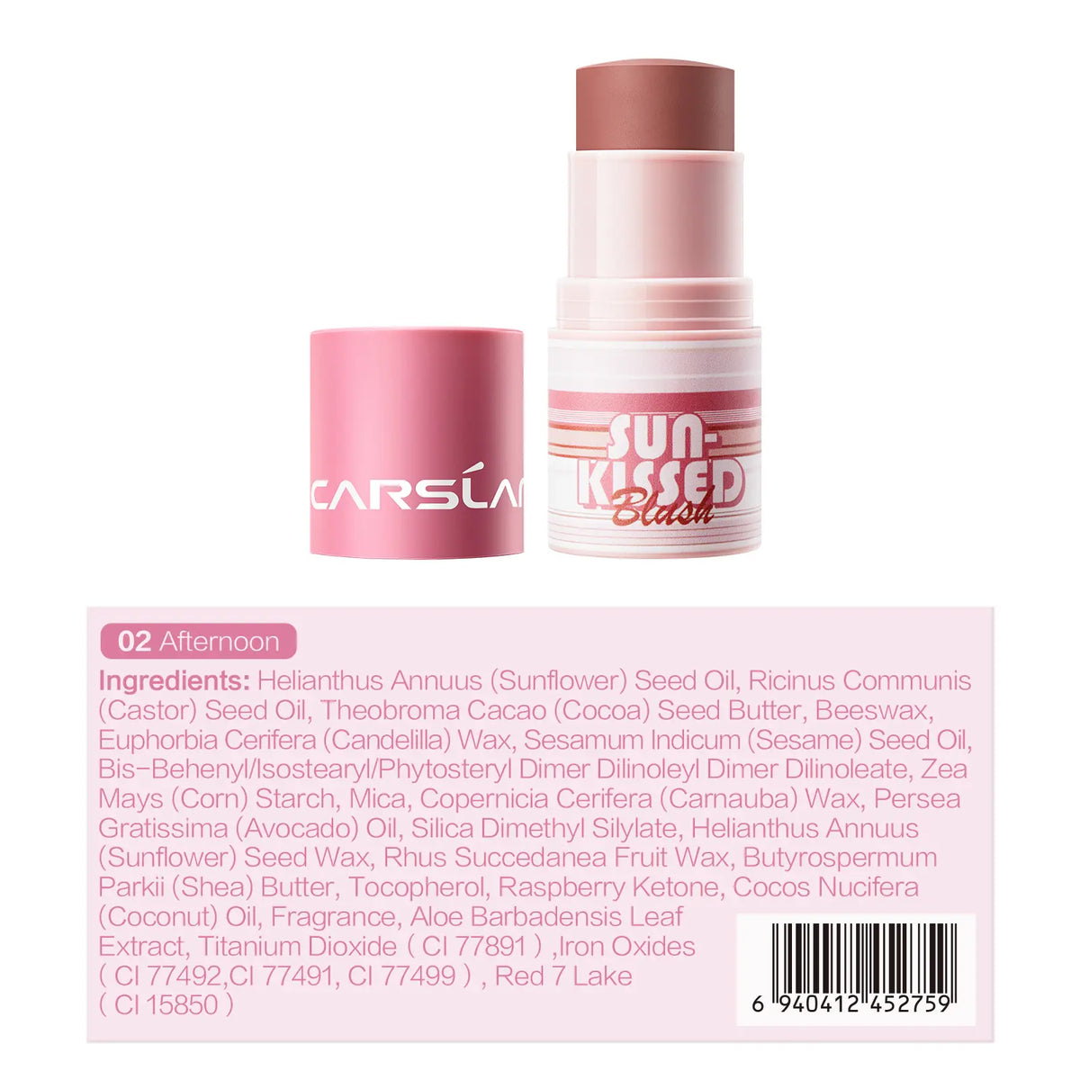 CARSLAN Sun Kissed Blush, Smooth Cream Blush Stick for Cheek, Lip, Longlasting Blendable Building Vegan Moisturizer Makeup for All Skin