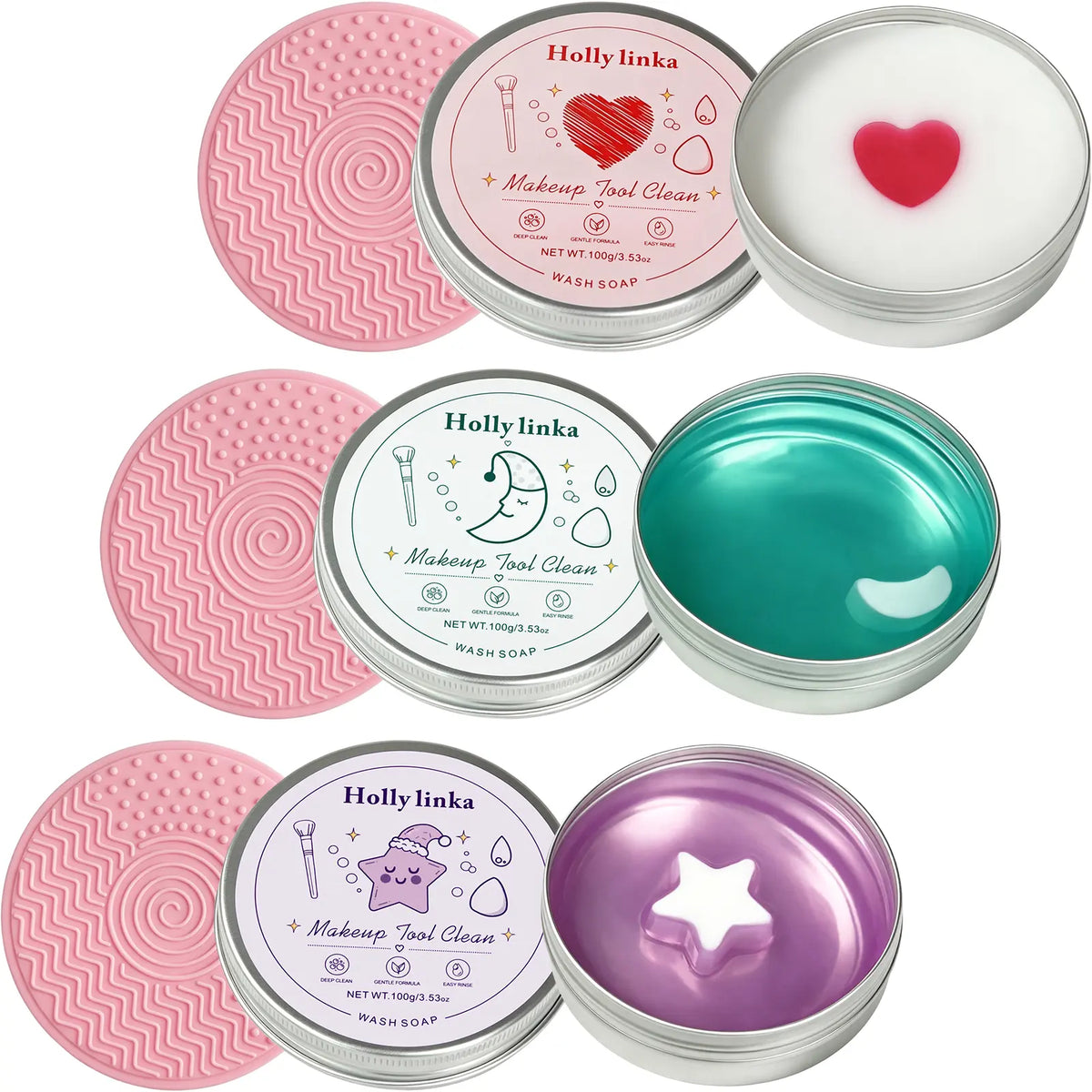 HOLLYLINKA Creative Shaped Peach Eyeshadow Compact Makeup Brush Cleaning Soap with Silicone Pad, Heart-Moon-Star Scented Solid Cleaner for Deep Cleaning, Gentle Care of Sponges, Beauty Blenders, Powder Puffs (100G/3.53Oz)