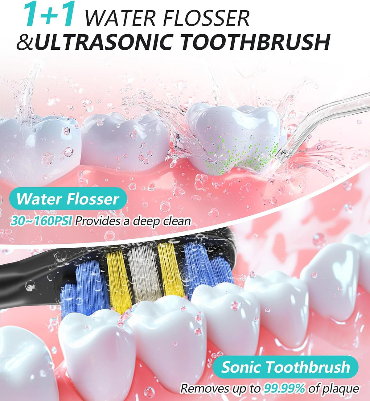 Professional Water Flosser & Electric Toothbrush Combo, 600ML Home Use Oral Irrigator for 10 Adjustable Water Pressure, 2 Cleaning Modes, 1+1 Brushing & Flossing for Complete Oral Care