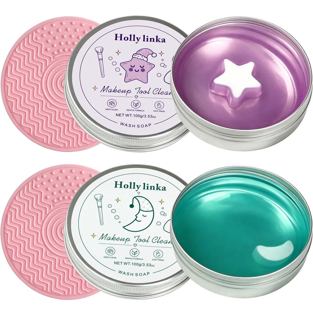 HOLLYLINKA Creative Shaped Peach Eyeshadow Compact Makeup Brush Cleaning Soap with Silicone Pad, Heart-Moon-Star Scented Solid Cleaner for Deep Cleaning, Gentle Care of Sponges, Beauty Blenders, Powder Puffs (100G/3.53Oz)
