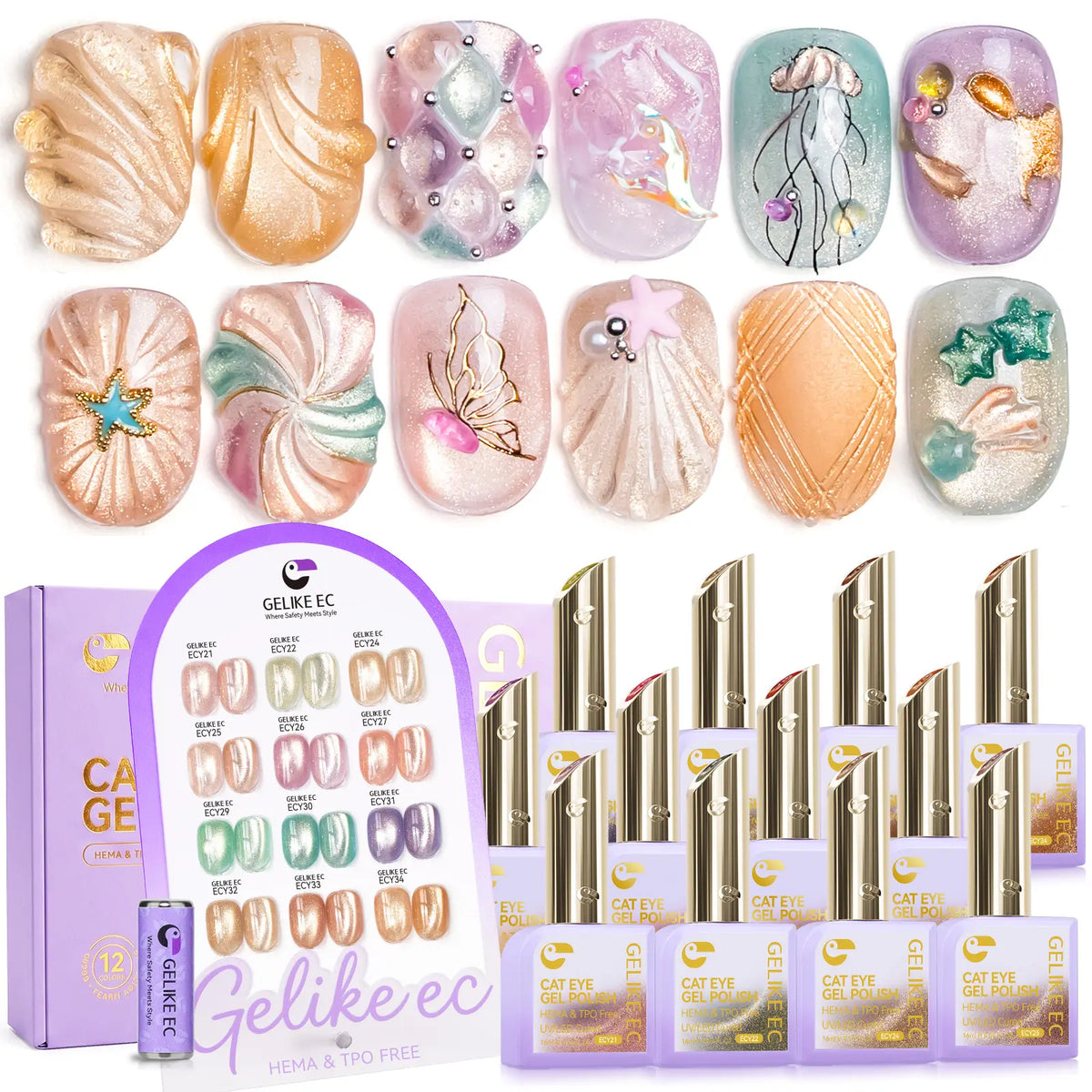 Gelikeec Cat Eye Gel Polish Nail Set with Magnet Stick Aurora Salon Quality Daily Use Women 16Ml Large Volume Series