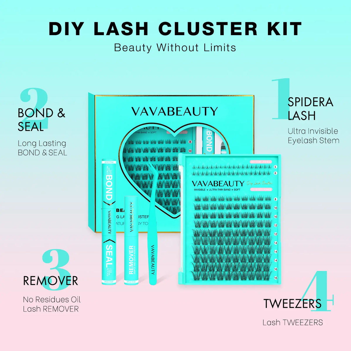 VAVABEAUTY IVY Lash Cluster Kit Invisible Soft Band Long Lasting Waterproof Bond Seal Remover Natural Eyelashes for Salon Quality at Home Must-Have Cluster Pure Clean Look