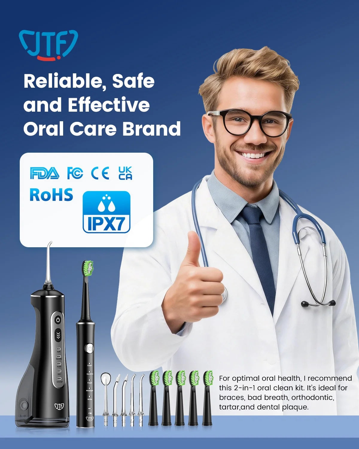 2-In-1 Oral Clean Kit- Electric Toothbrush & Water Flosser Combo with Multiple Modes, 5 Brush Heads and 5 Jet Tips, Brushing & Flossing- Rechargeable for Teeth Cleaning and Gum Health, Black